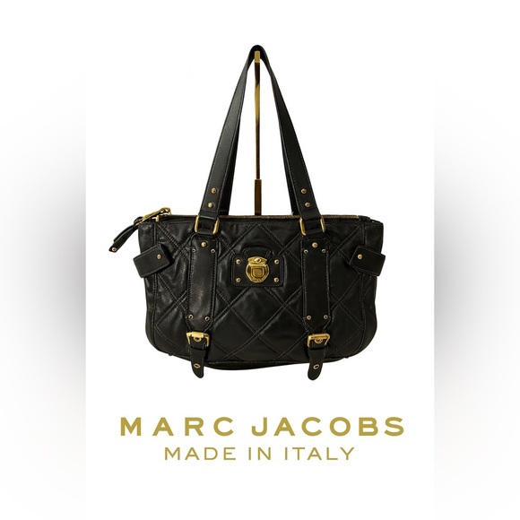 Marc Jacobs Quilted Leather Satchel Tote Black Gold Hardware Made in Italy - Picture 1 of 17